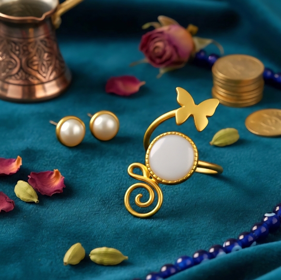 🆕️Turkish Artisan 24K Gold Plated & Pearl Ring + Earrings Set 🌟 Adjustable - Picture 1 of 13